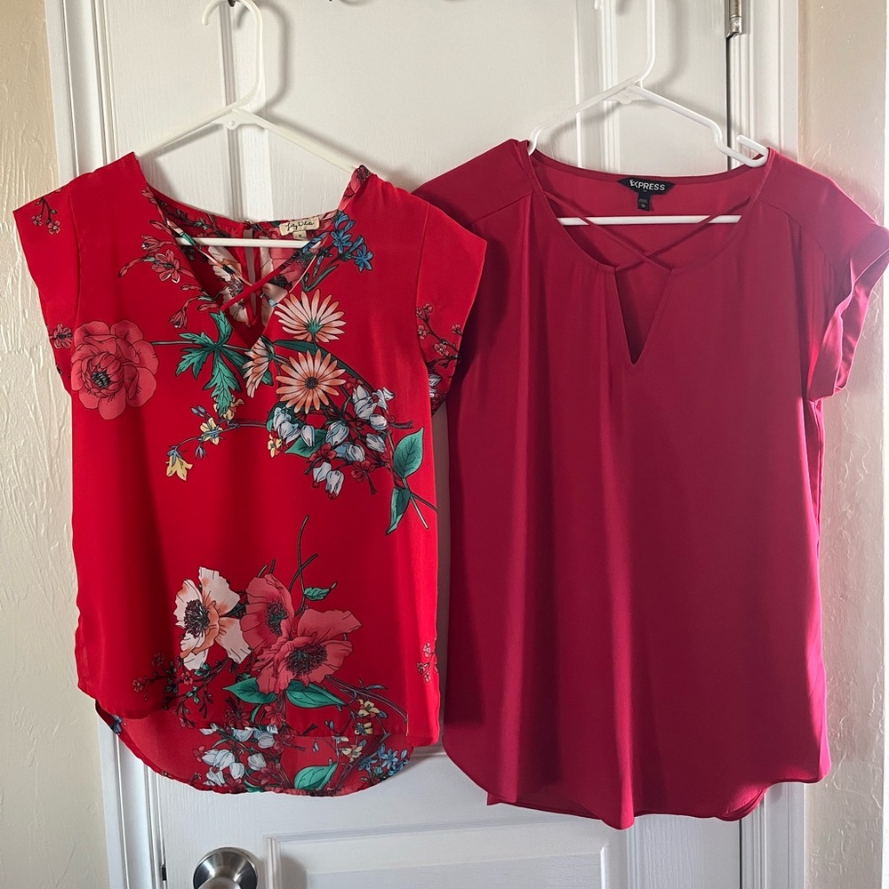 2- tops (1) Lily White Red and Blue Floral crisscross neckline, (1) Express red